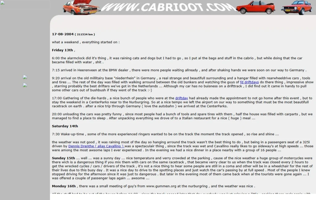 cabrioot.com in 2004: een grijze site met frames. Bovenin de banner WWW.CABRIOOT.COM met drie rode Volkswagen Golf-cabrio's, in het midden een logboekverhaal over een weekend bij de Nürburgring.