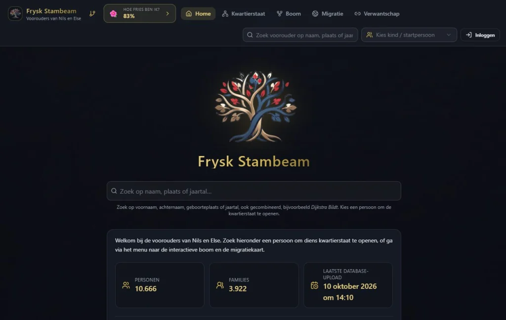 De startpagina van Frysk Stambeam: een boom in rood, blauw en goud, een zoekveld en de tellers 10.666 personen en 3.922 families.
